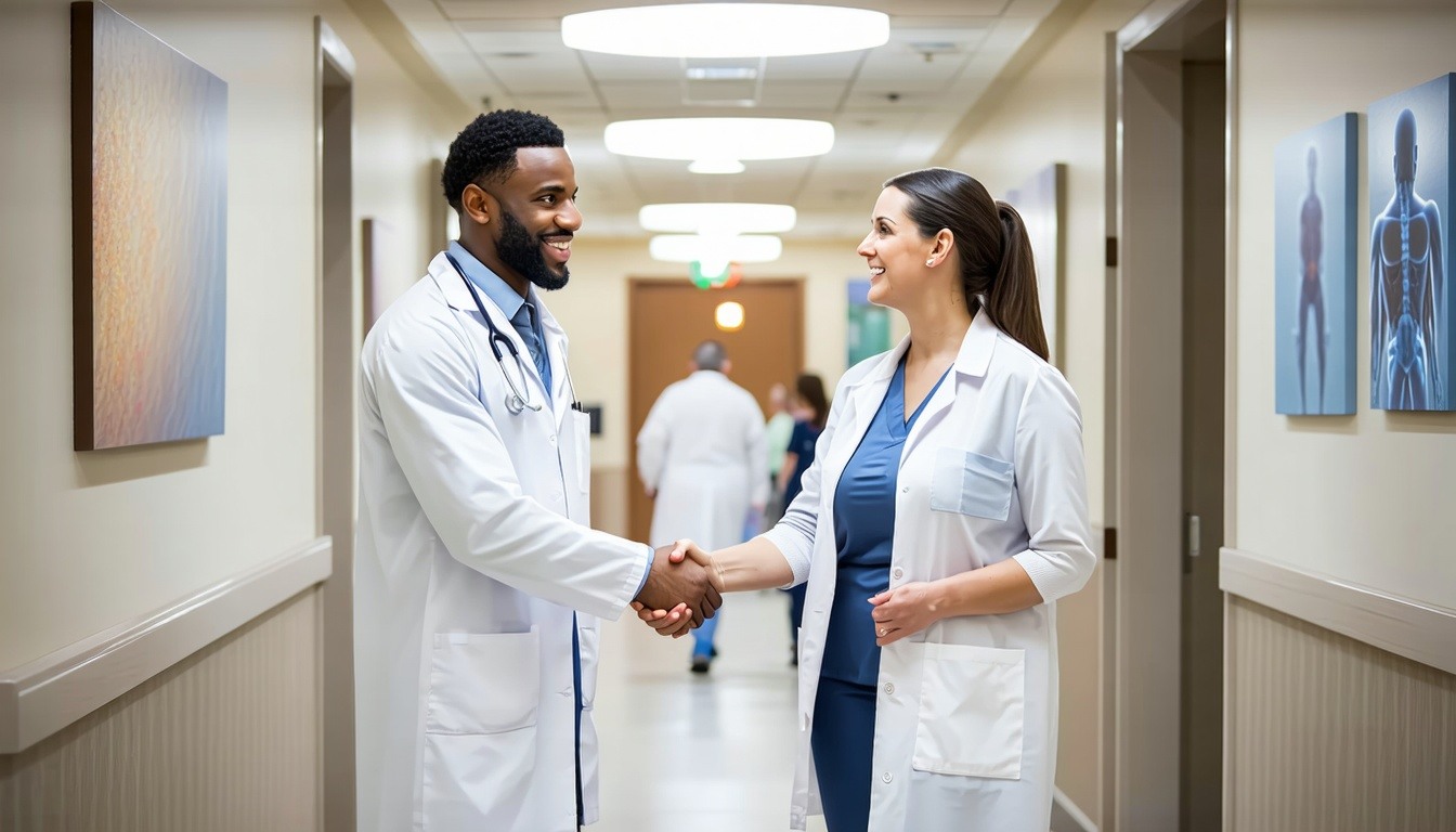 A well lit inviting hallway of a modern medical facility a friendly doctor and a lab technician engage in a warm handshake their expressions radiating camaraderie and mutual respect.