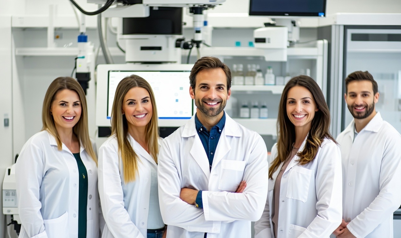Team of smiling pathology lab professionals standing in front of modern lab equipment clean white walls crisp lighting and a welcoming professional atmosphere-1
